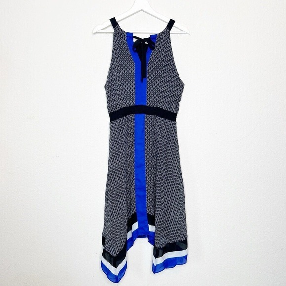 ICE Black Blue and White Elastic Waist Tie Back Handkercheif Hem Dress 12 - Picture 7 of 11